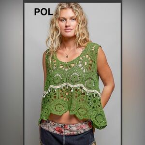 BP224-6💚🤍POL pristine green Crochet Crop Top w/cream details! Gorgeous day2date!